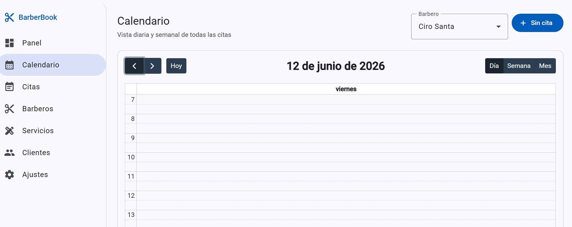 Vista de calendario de BarberBook